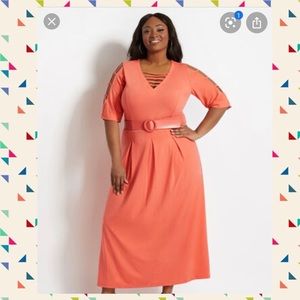 Ashley Stewart Belted Cutout Pleated Maxi Dress